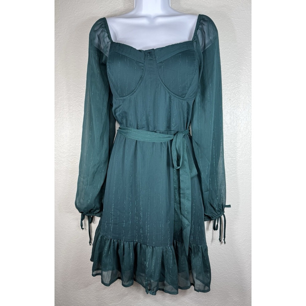 Lily Rose Teal Tie-Front Dress Sz XL shimmery pinstripe Cocktail Autumn Wedding